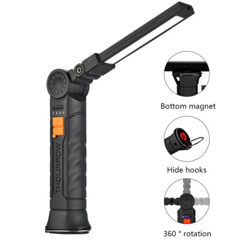 Linterna LED COB recargable por USB — luz de trabajo portátil con base magnética, gancho para colgar y batería integrada, para camping