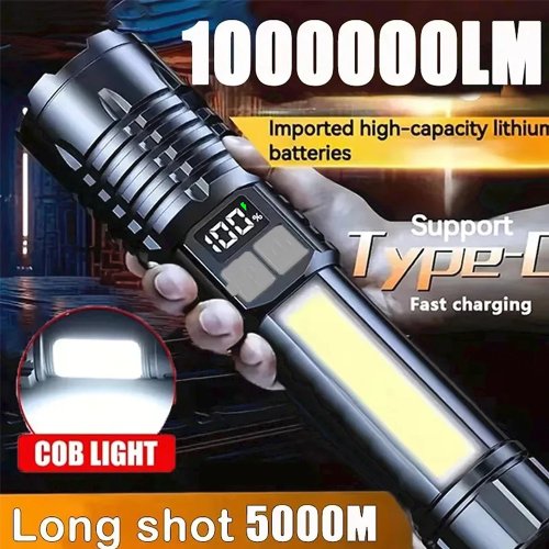 Linterna LED recargable USB‑C de alta potencia con luz lateral COB – Antorcha para camping y senderismo