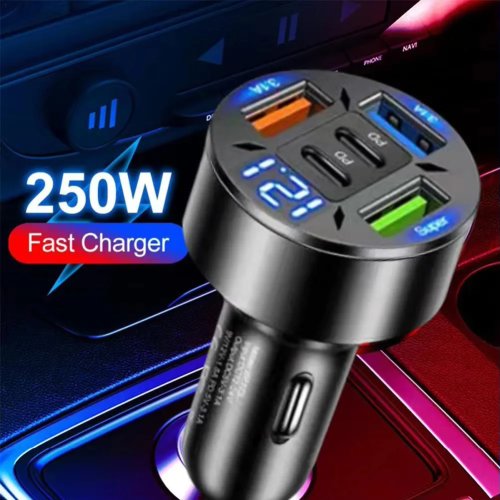 شاحن سيارة 5 منافذ 250W USB‑C PD QC3.0 شحن سريع — محول Type‑C لهواتف iPhone