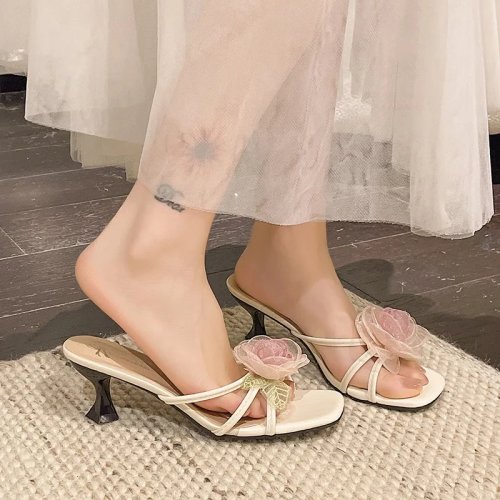 Mules de tacón alto mujer estilo coreano verano 2026, estampado floral, elegantes para fiesta y vestido