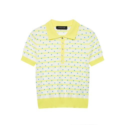 Polo donna gialla in maglia, righe e pois, manica corta, collo polo con bottoni, slim fit