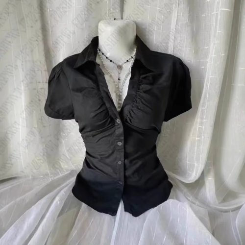 Camicia donna manica corta monopetto con collo a rever – sovracamicia casual da ufficio per l'estate