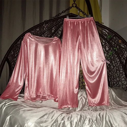 Bộ đồ ngủ satin bóng "ice silk" 2 món Nam/Nữ — Áo tay dài + quần rộng, mềm mịn như lụa, size lớn, set đôi