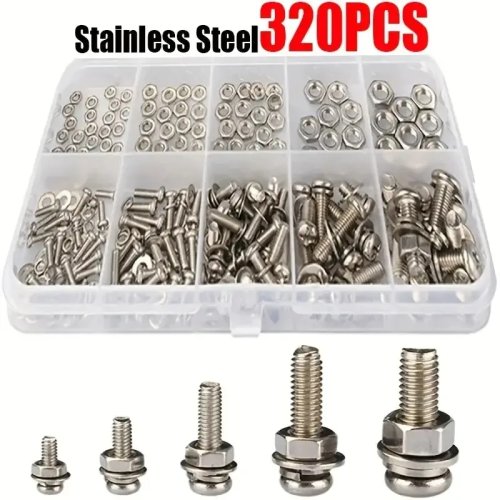 Conjunto 320 parafusos e porcas em aço inox (M2–M5) — resistentes à corrosão, porcas de encaixe — ideal para bricolage