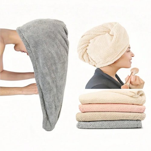 Solid Color Hair Towel – Textured Quick‑Dry Hair Wrap with Button (9.8×25.5 in) – Absorbent Turban for Women