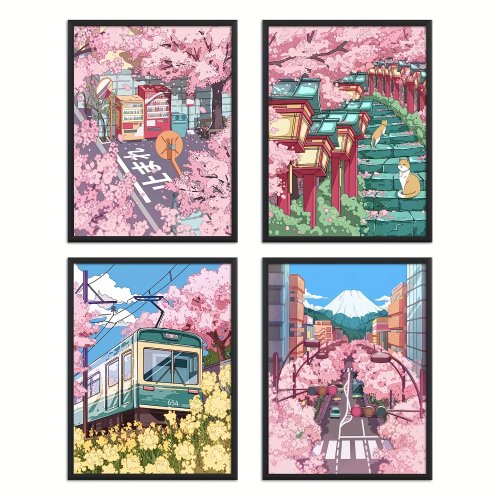 Japanische Kirschblüte (Sakura) Anime Diamond Painting Poster – pinkes Wandbild für Studenten- / Jugendzimmer und modernes Wohnzimmer