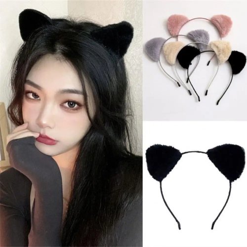 Women's soft fluffy plush kitty-ear headband — elastic, narrow, anti-slip hairband