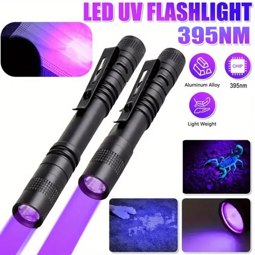 Senter UV pena 395nm dengan klip — blacklight portabel untuk deteksi urine hewan, kutu kasur, pemeriksaan hotel — menggunakan baterai AAA