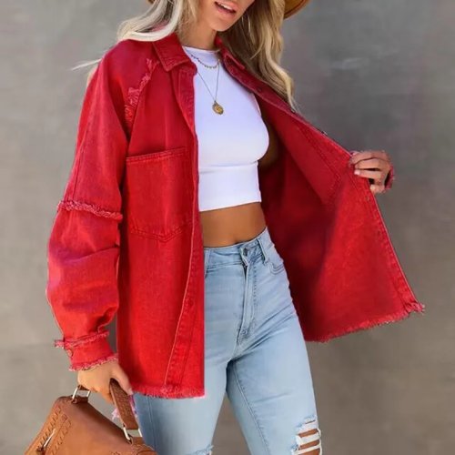 Veste en jean femme 2025 Automne/Hiver – manches longues, coupe chemise, monopontage, poches, style streetwear