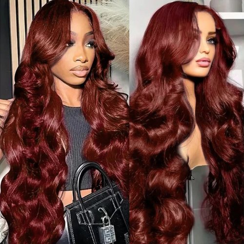 Peruca Body Wave de cabelo humano, castanho avermelhado (cor #33), frontal 13x6 pré-desfiado com baby hair, densidade 180%
