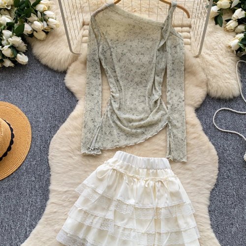 Korean-style one-shoulder long-sleeve top & ruffle skirt two-piece set for women — slimming autumn fashion