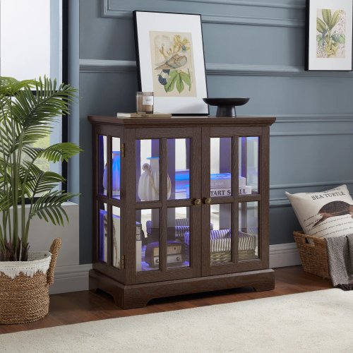 Vitrine LED style rétro/antique avec étagères réglables et portes à croisillons pour déco et rangement