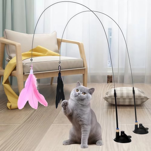 Caña juguete para gato retráctil con pluma y cascabel, base de ventosa, resistente a mordidas, cabeza de pluma reemplazable