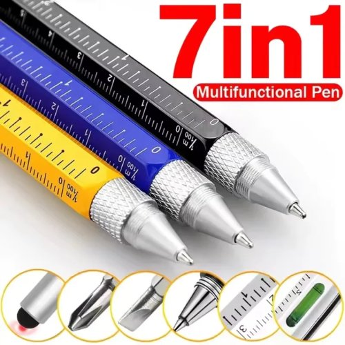 Caneta multifunções 7 em 1 — stylus capacitivo, esferográfica recarregável e lapiseira, chave de fendas, régua e nível