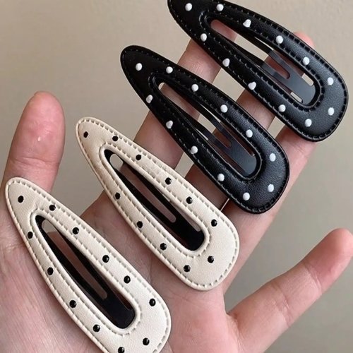 2 unid. Presilhas de cabelo em pele às bolinhas preto e branco — elegantes e versáteis para o dia a dia
