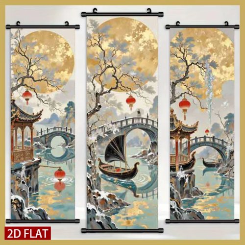 Lot de 3 tableaux muraux style encre orientale – rouleaux plats 2D en plastique, impression HD, étanches et anti-décoloration