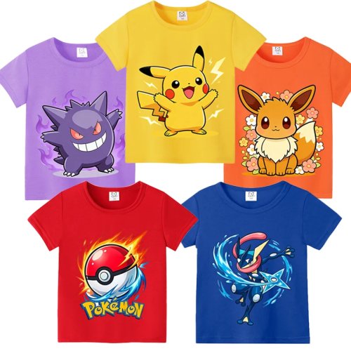 Camiseta de algodón Pokémon Pikachu y Eevee manga corta – Camiseta anime estampada, ligera y transpirable