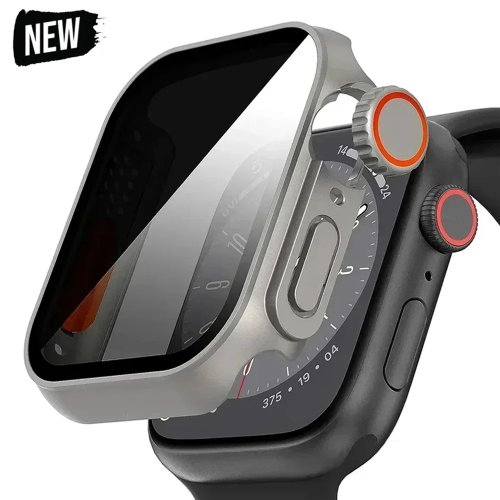 واقي شاشة زجاجي مقسى بميزة الخصوصية + غطاء حماية لساعات Apple Watch Series 9/8/7/6/5/4/SE — يناسب 40/41/44/45 مم (خيار Ultra)