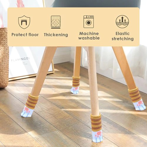Meias para pés de cadeira em malha com padrão pata de gato – Protetores de chão antideslizantes e anti-ruído para cadeiras de madeira