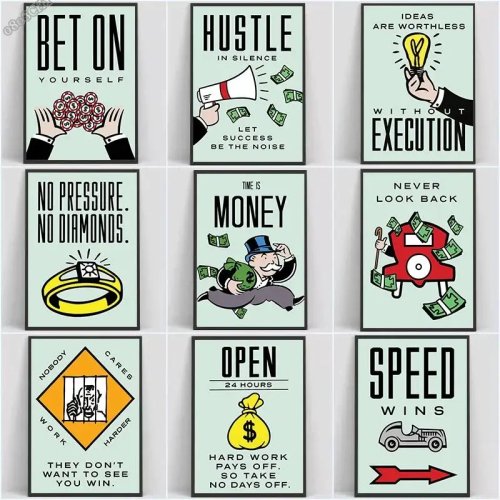Toile Alec Monopoly avec citations motivantes — « Bet on Yourself » / « Time Is Money » — Décoration murale inspirante pour maison, bureau ou chambre