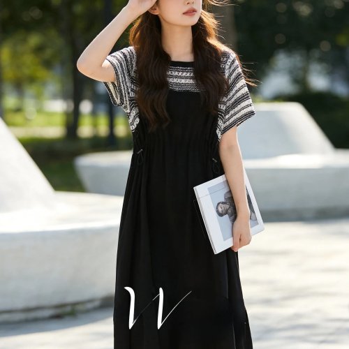 Vestido midi mujer corte A, efecto adelgazante, mangas cortas, cintura alta, poliéster
