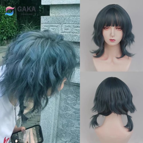 Peruca curta ondulada e encaracolada azul com franja — sintética, estilo Lolita/cosplay, visual natural para dia a dia e festas