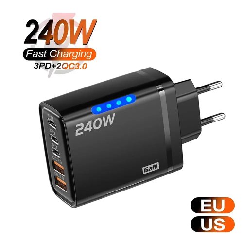 Sạc GaN 240W USB-C 5-in-1 - Cục sạc đa cổng sạc nhanh cho iPhone, Samsung, Xiaomi (phích cắm EU/US)