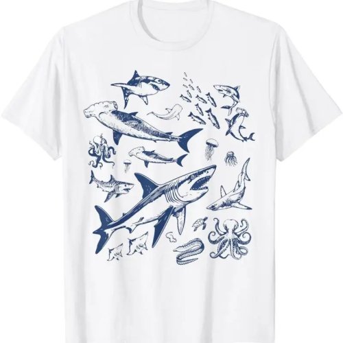 เสื้อยืดเรโทรลายทะเล – พิมพ์ลายสัตว์ทะเล: ฉลาม, ปลา และปลาหมึก