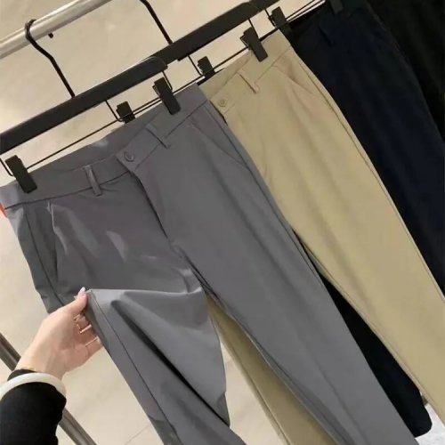 Calças homem casual business em ice silk, anti-rugas, sem necessidade de engomar, alta elasticidade, leves para primavera/verão, corte recto comprimento 7/8 (tornozelo)