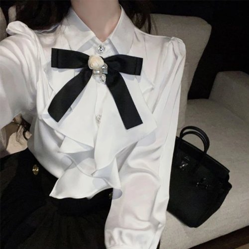 Biała damska bluzka z kokardą i falbanami, długi rękaw, w stylu preppy (japoński/koreański)