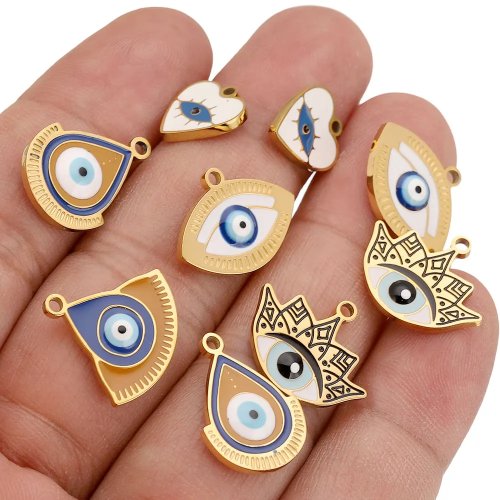 4 Peças Pingentes em Aço Inoxidável Esmaltados — Coroa com Olho Turco para Brincos e Pulseiras, Materiais para Joalharia DIY