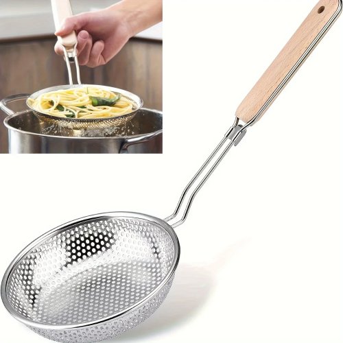 Edelstahl-Feinsieb mit Holzgriff – Schaumlöffel/Sieb zum Abgießen von Pasta und Abschöpfen von Fett