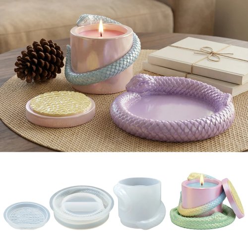 3D Coiled Snake Silicone Epoxy Jar Mold with Coaster Lid – DIY Resin Mold for Candlesticks, Pen Holder, Plaster & Concrete