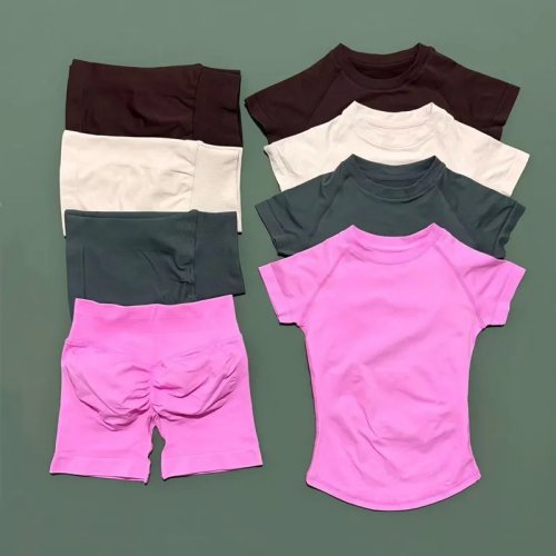 Conjunto desportivo 2 peças HISTELLO sem costuras – Top de manga curta e leggings curtas para mulher (yoga, ginásio, corrida)