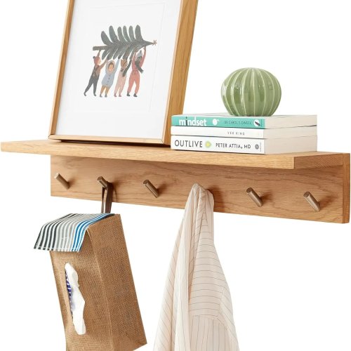 Étagère murale en chêne avec 6 crochets en métal - finition naturelle, porte‑serviettes et porte‑manteaux