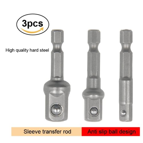 Zestaw 3 szt. przedłużka 50 mm z trzonem sześciokątnym + adapter — konwertuje kwadrat 1/2" i 3/8" na nasadkę 1/4", do wkrętarki/wiertarki