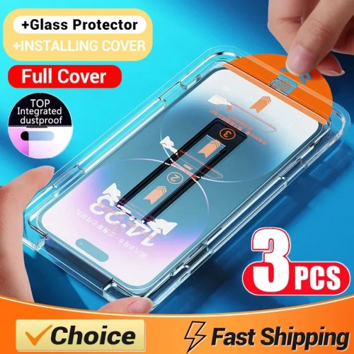 Protector de cristal templado con recubrimiento oleofóbico para iPhone 11/12/13/14/15/16/17 (XS/X/XR/Mini/Pro Max/Plus) — sin polvo, instalación fácil