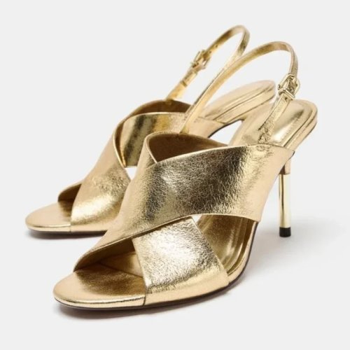 Sandalias de tacón doradas de lujo con tiras cruzadas – punta abierta, slingback, tacón alto para boda y fiesta