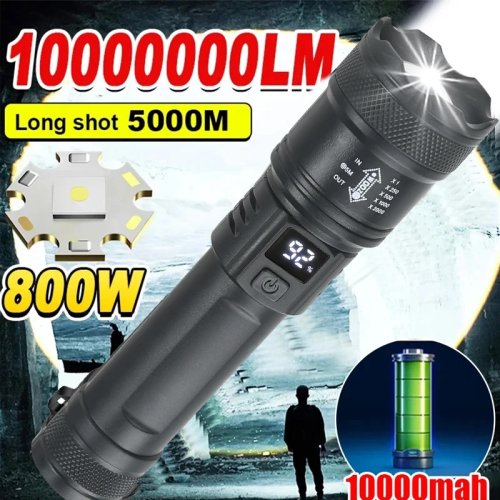 고출력 LED 손전등 2000LM (전술형) — USB 충전식, 줌 기능, 배터리 표시, 캠핑·낚시·비상용 랜턴