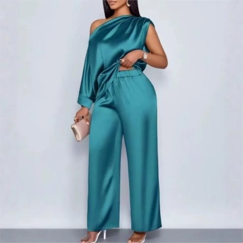 Ensemble femme 2 pièces en satin : top une-épaule + pantalon large élégant – printemps/été