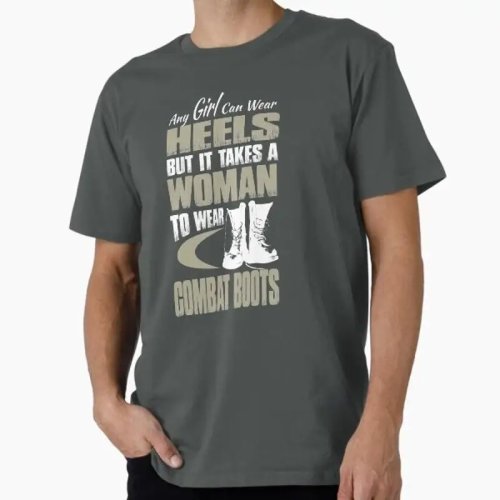 レディースプリントTシャツ「Any Girl Can Wear Heels — It Takes a Woman to Come」・メイド・イン・USA・サイズ M〜2XL