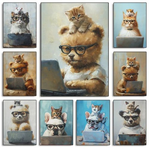 Minimalistyczne, kolorowe plakaty na ścianę — buldog francuski, mysz, niedźwiedź, kociak — zabawne grafiki i zestaw diamond painting do dekoracji domu