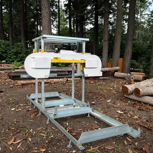 Mini 32 inch portable band sawmill with engine — manual bandsaw mill for woodworking