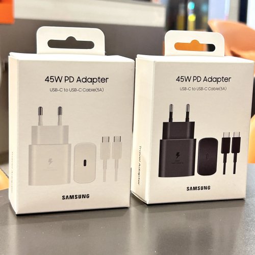 شاحن سامسونج 45 واط USB‑C PD شحن سريع مع كابل Type‑C بقوة 5A، قابس EU — متوافق مع Galaxy S25/S25+‎/S25 Ultra/FE، S24/S23/S22، A56/A55/A36/A17