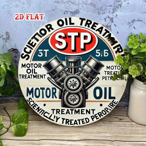 Placa redonda em alumínio 20 cm estilo vintage - logótipo STP e ilustração de motor - decoração para oficina/casa