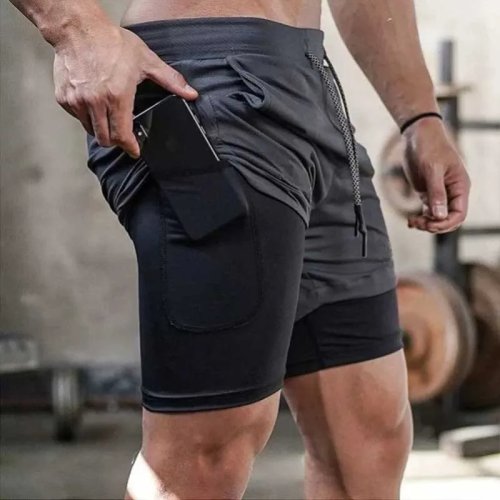 Calções running homem camuflado 2 em 1 com forro compressivo e secagem rápida para ginásio