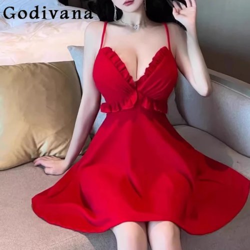 Vestido mulher verão tamanhos grandes L-4XL elegante, decote V profundo com renda, alças finas, corte evasé curto, cor lisa