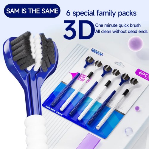 Bàn chải đánh răng tay 3D 3 mặt hình chữ U lông mềm, 6 chiếc — làm sạch toàn diện cho người lớn