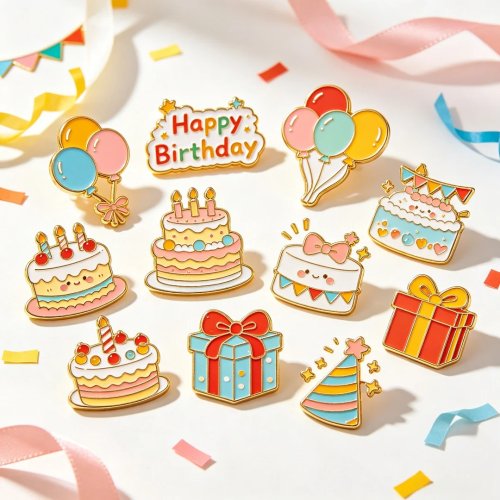 Pin émaillé personnalisé anniversaire – gâteau et ballon, badge métal à poser sur le revers, cadeau/décoration de fête