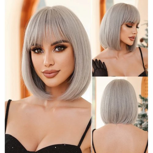 Peluca corta lisa gris para cosplay/Halloween con fleco, resistente al calor